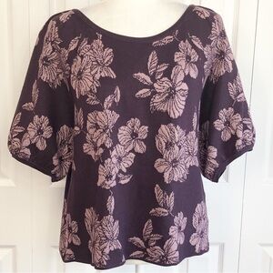 Liz Claiborne Purple & Pink Metallic Floral Puff Sleeve Sweater Large